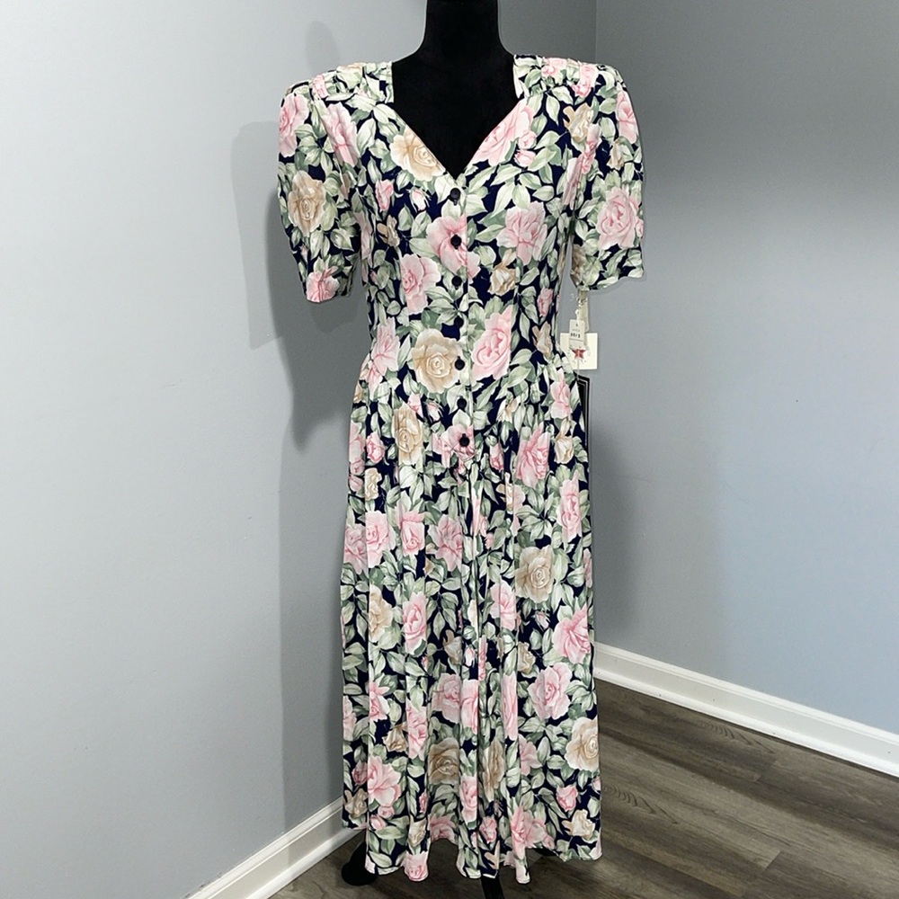 Vintage 1980s E.D. Michaels Roses Cottage Core Tea Dress Pockets NEW